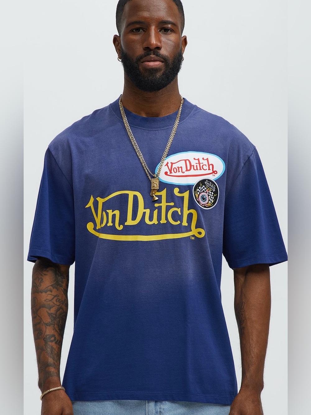 Von Dutch Navy Short Sleeve Logo Graphic Tee with Yellow Print NWOT